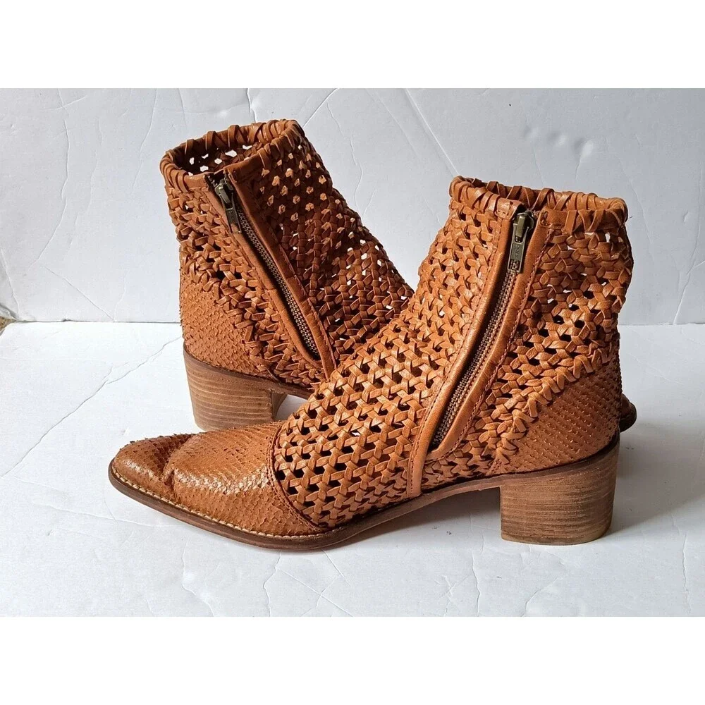 Free People In The Loop Woven Brown Leather Western Ankle Boots Women's Size 10 - Picture 2 of 13